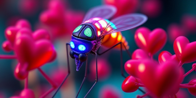 Una representación abstracta de un mosquito con un cerebro brillante y colorido, rodeado de moléculas de repelente que se transforman en corazones. Estilo pictórico, colores vibrantes, atmósfera onírica.