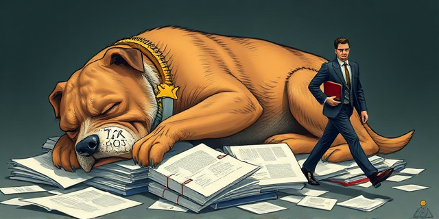 Una ilustración conceptual y satírica. Un enorme perro guardián con el logo de una agencia tributaria durmiendo profundamente sobre un montón de papeles oficiales, mientras un hombre elegante y anónimo camina tranquilamente llevándose carpetas de dinero bajo el brazo. Estilo editorial de revista política, colores contrastados, sombras marcadas, atmósfera de ironía administrativa.
