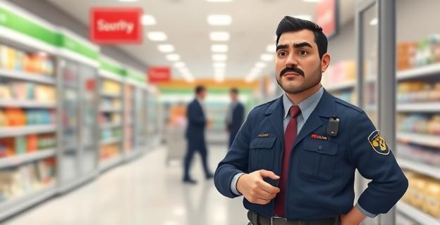 Imagen de un vigilante de seguridad de pie en la entrada de un supermercado con una expresión de desánimo, mientras al fondo se ve un cliente siendo detenido por hurto