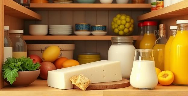 Imagen de una despensa con queso y crema alta en grasa junto a otros productos lácteos y alimentos saludables en un entorno hogareño