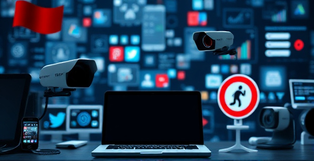 Una imagen que represente la tensión entre la libertad de expresión y el control gubernamental en la era digital, con elementos que simbolicen la censura y la vigilancia en redes sociales.