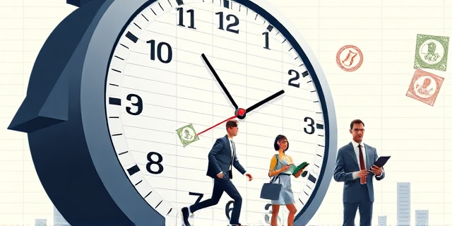 Una ilustración conceptual y satírica. Un reloj de pared gigante que se transforma en una celda de hoja de cálculo de Excel, atrapando a una persona limpiando una casa y a un pequeño empresario con un cuaderno. Al fondo, una silueta burocrática imponente con sellos oficiales. Estilo editorial moderno, colores contrastados, atmósfera de asfixia administrativa.