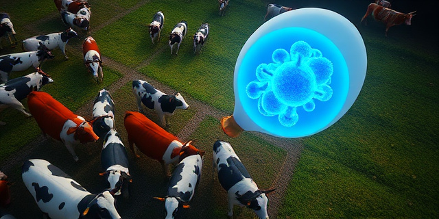 Una vista aérea de un granero con vacas pastando, su estómago ruminal visible como un globo inflado, microbios microscópicos brillando con luz azul, una estructura en forma de esfera de hidrógeno destacada, colores vivos y estilo realista sin rostros humanos.