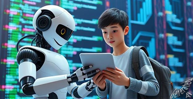Una imagen futurista que muestra un robot aprendiendo junto a un joven con una tableta en la mano, con elementos de código y circuitos en el fondo, representando la fusión entre tecnología y educación.