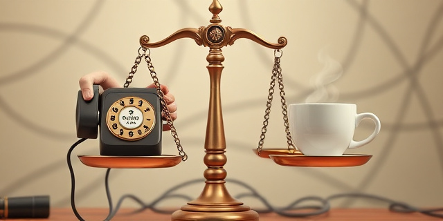 Una balanza de la justicia con una mano sosteniendo un teléfono antiguo con burbujas de diálogo que muestran jeroglíficos y la otra mano sosteniendo una taza de café humeante. Fondo abstracto con líneas que representan cables de comunicación enredados.