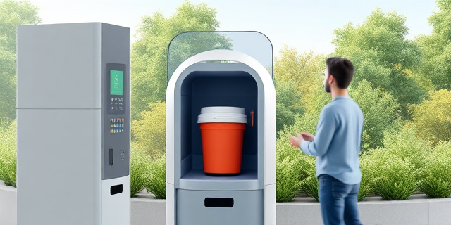 Una persona devolviendo un envase en una máquina de recogida automatizada, con un fondo de un paisaje natural limpio y sostenible.