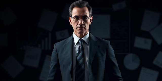 Un hombre de negocios con traje y corbata, con un fondo de gráficos y papeles financieros, rodeado de sombras oscuras que representan la opacidad económica