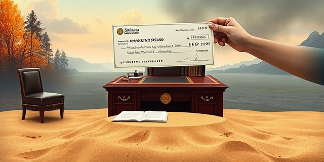 Una ilustración conceptual y satírica. En primer plano, un elegante escritorio ministerial con papeles oficiales y un sello dorado, pero el escritorio está hecho de arena que se desmorona. Al fondo, un paisaje contrastado: una mitad con cenizas de incendios y la otra con inundaciones, mientras una mano invisible sostiene un cheque gigante que es transparente y se desvanece como humo.