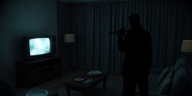 Una sala de estar con luces tenues, una vieja televisión encendida, una mesa dispuesta con platos de comida y una silueta de una figura con arma en la esquina, sombras que sugieren tensión y un ambiente cargado de drama.