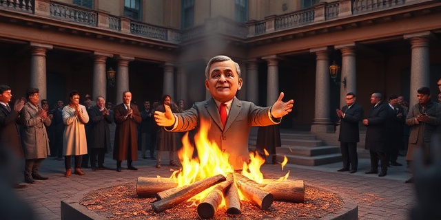 Una efigie de un político being quemada en una plaza pública, con personas alrededor aplaudiendo