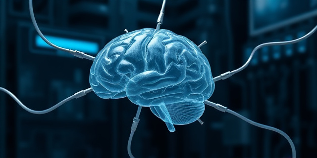 Una representación artística abstracta de un cerebro humano translúcido conectado a un complejo sistema de tubos y cables metálicos brillantes, con un fondo oscuro y difuminado que sugiere un laboratorio futurista. El cerebro debe parecer delicado y vulnerable, pero también tecnológicamente avanzado. Colores fríos y metálicos predominantes, con toques de luz azul y verde.