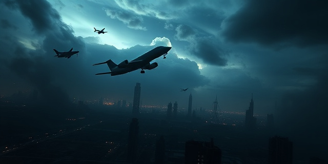 Representación artística digital de un cielo nocturno turbulento, con siluetas de jets privados sobrevolando una ciudad futurista en ruinas. Colores oscuros y contrastados, estilo apocalíptico, con un toque de ciencia ficción. No incluir rostros humanos.