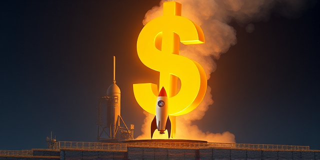 Una ilustración satírica de un cohete pequeño y elegante parado en una plataforma de lanzamiento nocturna, mientras que sobre él flota un signo de dólar gigante y dorado hecho de humo. Estilo arte conceptual moderno, colores contrastados entre el azul oscuro del espacio y el dorado brillante, atmósfera de ironía corporativa.