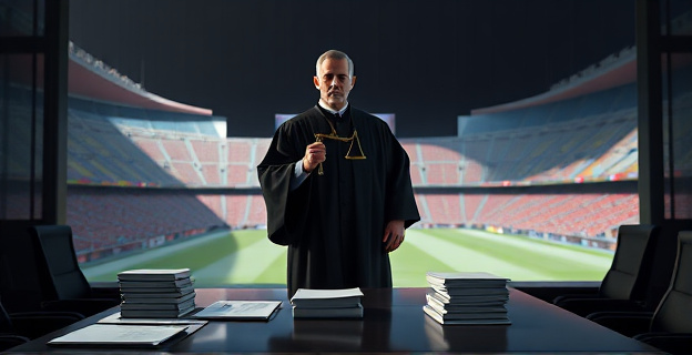 Imagen de un juez de pie, con una bata negra y una balanza en la mano, en un tribunal con un ambiente tenso, con documentos y libros de contabilidad esparcidos por la mesa, y al fondo, una sombra de un estadio de fútbol con los colores del FC Barcelona y el Real Madrid.