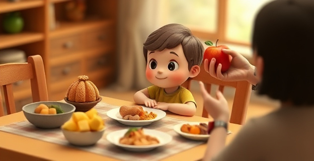 Una mesa con un niño pequeño sentado, rodeado de opciones de comida variada, con un adulto ofreciendo una manzana y un plátano como postre, en un ambiente cálido y acogedor