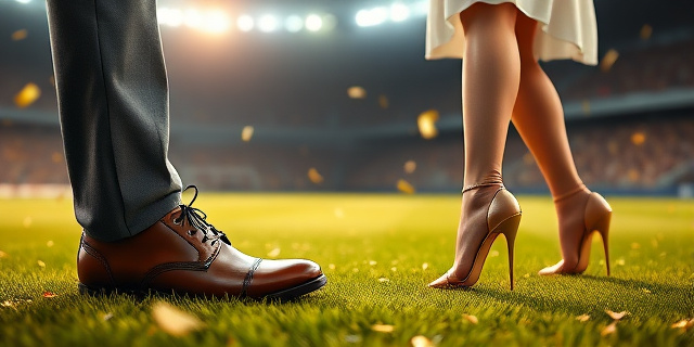 Ilustración conceptual de estilo editorial satírico. Un primer plano de un zapato de gala masculino intentando acercarse a una figura juvenil elegante que se retira con un gesto de rechazo. El fondo es un césped de estadio de fútbol desenfocado con luces brillantes y confeti dorado cayendo, transmitiendo una atmósfera de fiesta deportiva y tensión social.