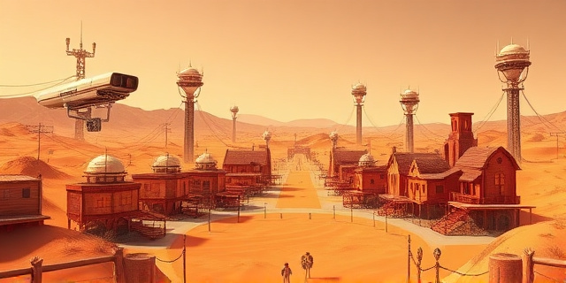 Ilustración digital de un paisaje desértico con un pueblo antiguo al estilo del Viejo Oeste, pero con torres de vigilancia futuristas y cables colgando. Paleta de colores: tonos ocres, marrones y un toque de neón. Estilo: mezcla de arte retro y ciencia ficción distópica.