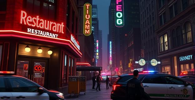 Una escena nocturna en Midtown Manhattan con un ambiente tenso cerca de un restaurante en la calle 28 Oeste y la Séptima Avenida, con luces de neón y coches de policía alrededor.