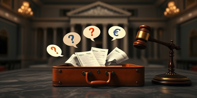 Una ilustración conceptual estilo editorial satírico. Un maletín de cuero abierto sobre una mesa de mármol donde, en lugar de dinero, salen burbujas de diálogo con signos de interrogación y símbolos de euro. Al fondo, la silueta difuminada de un edificio gubernamental clásico bajo una luz cenital dramática, con un mazo de juez golpeando una factura de papel arrugada. Colores sobrios, contrastes fuertes, atmósfera de despacho oscuro.