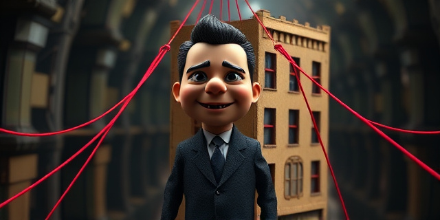 Una marioneta con un traje elegante y una sonrisa forzada, rodeada de hilos rojos que la atan a un edificio de cartón con la forma de un canal de televisión. El fondo es un laberinto de sombras y reflejos distorsionados.