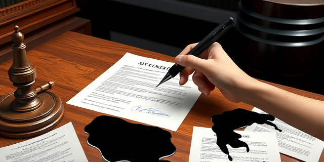 Una ilustración conceptual y satírica. Un escritorio de madera antigua con un mazo de juez a un lado. En el centro, un contrato legal lleno de tachones blancos y raspaduras evidentes. Una mano invisible sostiene un bolígrafo negro escribiendo una firma falsa sobre un documento donde el resto de las firmas son azules. De fondo, la silueta de un barril de petróleo chorreando tinta negra sobre papeles oficiales.