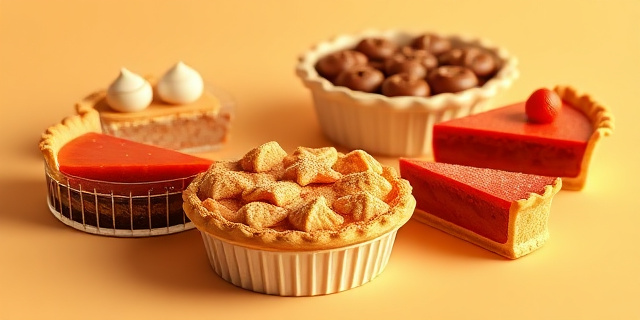 Representación abstracta de cinco tartas diferentes, cada una con una paleta de colores vibrante y texturas ricas. El estilo debe ser hiperrealista, pero con un toque de fantasía, como si las tartas estuvieran flotando en un espacio onírico. La iluminación debe ser suave y dorada, resaltando los detalles de cada tarta.