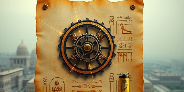 Un collage de artefactos antiguos y modernos superpuestos sobre un pergamino desgastado. La Antikythera Mechanism, con sus engranajes de bronce, se entrelaza con una batería de Bagdad, mientras líneas de luz conectan ambos objetos con jeroglíficos que parecen circuitos impresos. El fondo muestra una ciudad antigua con un cielo nebuloso, sugiriendo la mezcla de historia y especulación.