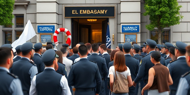 Una cola de personas frente a una embajada, con agentes de policía desplegados para mantener el orden. Algunas personas llevan banderas y pancartas, mientras que otras esperan pacientemente. En el fondo, se ve una oficina de una oenegé con un letrero que dice 