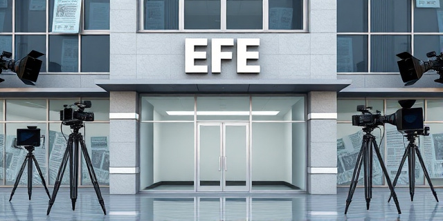 Una agencia de noticias con un edificio de oficinas vacío y un letrero que dice 
