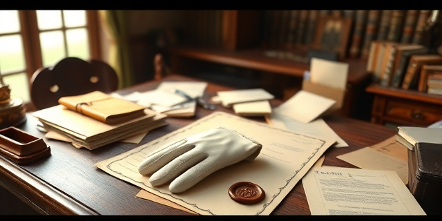 Una mesa de despacho antigua, con documentos apilados y un sello de lacre. La luz entra por una ventana lateral, iluminando levemente el desorden. Un guante blanco de cuero sobre un pergamino con símbolos legales.