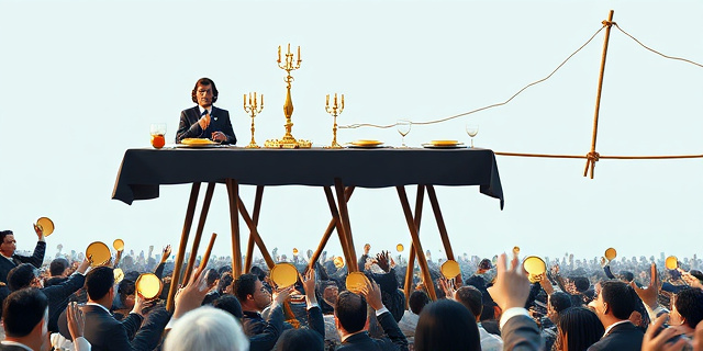 Una ilustración satírica y conceptual. Un banquete lujoso donde una élite política come platos de oro sobre una mesa que se sostiene con palillos de madera rotos. Debajo de la mesa, una multitud de ciudadanos comunes sostiene el peso con esfuerzo. De fondo, un gráfico de crecimiento económico que se transforma en una cuerda floja deshilachada. Estilo editorial de revista, colores contrastados, atmósfera de ironía social.