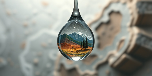 Fotografía conceptual: una gota de agua cristalina suspendida en el aire, dentro de la cual se reflejan paisajes diversos (montañas, desiertos, bosques). La gota está iluminada por una luz suave y difusa, creando un ambiente onírico y misterioso. Fondo abstracto con texturas que recuerdan a minerales y rocas.