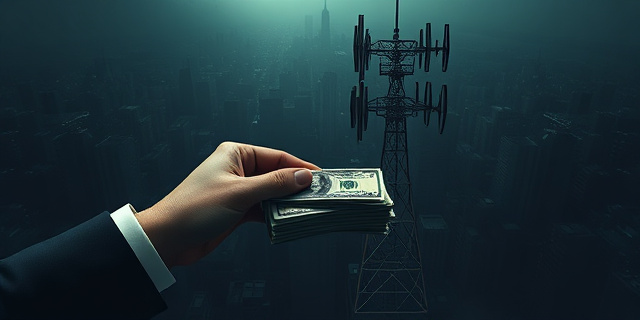 Una representación abstracta de una mano entregando fajos de billetes a una antena de radio gigante. El fondo debe ser un paisaje urbano distorsionado y lleno de sombras, con tonos oscuros y contrastantes. Estilo artístico: expresionismo abstracto.