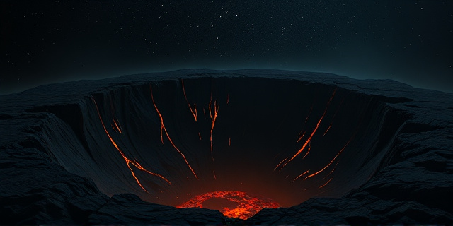 Representación artística de un cráter profundo y oscuro en la tierra, con vetas de magma incandescente visible en el interior. El cielo es un remolino de polvo cósmico y estrellas distantes. Estilo pictórico dramático y expresionista, con colores oscuros y contrastes marcados. Evocar la sensación de una fuerza primordial y destructiva en acción.