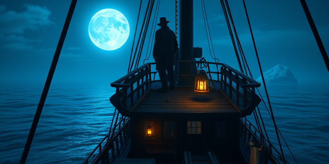 Un cuerno de la cubierta de un barco de vapor de principios del siglo XX, iluminado por la luz de la luna, con un hombre de aspecto cansado y una linterna tenue, sosteniendo una campana de señal. La escena está llena de espuma y sombras, con un fragmento de hielo que se alza en el horizonte.