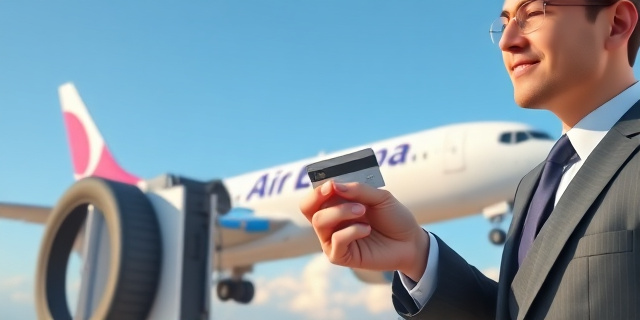 Una imagen de un avión de Air Europa con un gran sablazo en la factura de combustible, mientras un hombre con un traje y una corbata sostiene una tarjeta de crédito