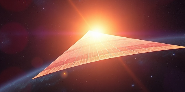 Representación artística de una vela solar desplegada en el espacio, con la luz del sol impactando en su superficie. Colores vibrantes que transmitan la energía y la inmensidad del cosmos. La vela debe ser translúcida y mostrar un patrón de difracción de la luz. Fondo: nebulosas y estrellas distantes. Estilo: ciencia ficción pictórica, similar a las portadas de novelas de Isaac Asimov.