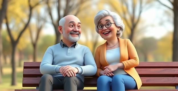 Imagen de una pareja madura sentada en un parque, sonriendo y tomados de la mano, con un fondo de árboles y un cielo despejado, simbolizando la tranquilidad y la felicidad en una relación duradera.