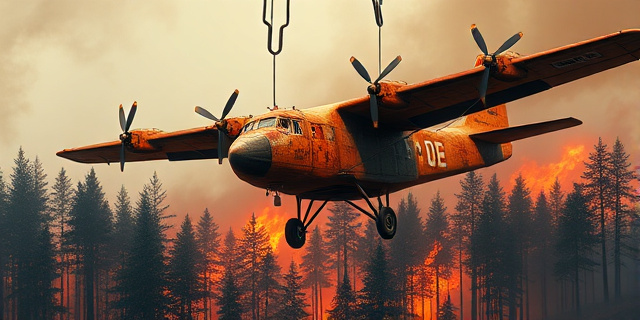 Una ilustración satírica de un avión anfibio antiguo y oxidado, sostenido en el aire por hilos de oficina y clips, sobre un fondo de bosque incendiándose. Estilo editorial de revista, colores contrastados entre el naranja del fuego y el gris del metal viejo, atmósfera de absurdo burocrático.