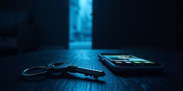 Una ilustración conceptual de estilo editorial. Una llave antigua de metal sobre una mesa de madera oscura, junto a un smartphone moderno iluminado. Al fondo, la silueta de una puerta entreabierta que deja pasar una luz fría y misteriosa. Atmósfera de intriga, sombras profundas, colores saturados en azules y grises, estilo noir contemporáneo.