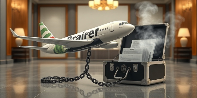 Una ilustración conceptual y satírica. Un avión comercial hecho de billetes de banco que intenta despegar, pero está anclado al suelo por una cadena pesada con el sello de una institución gubernamental. Al lado, un maletín abierto donde los documentos oficiales se transforman en humo, con un fondo de oficina lujosa y fría.