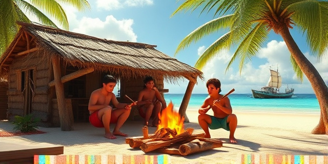 Una escena de un grupo de adolescentes polinesios en una isla desierta, construyendo una casa con frondas de coco, encendiendo un fuego improvisado con troncos y cocinando pollo, acompañado de instrumentos de madera hechos a mano, todo bajo el sol tropical, con un barco de pesca en el horizonte.