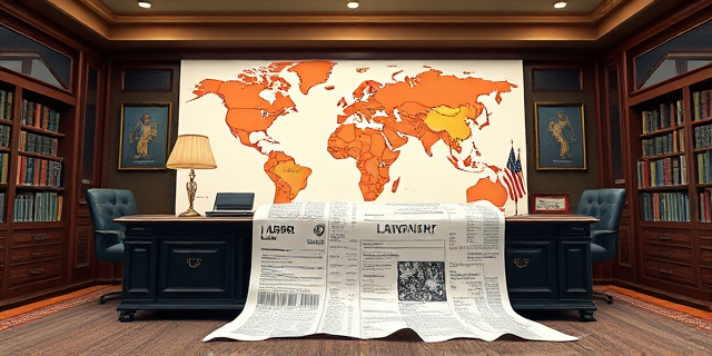 Una ilustración satírica y conceptual. Un escritorio gubernamental lujoso donde un mapa mundial de trabajo está siendo cubierto por un ticket de supermercado gigante y larguísimo que llega hasta el suelo. Estilo editorial de revista, colores contrastados, atmósfera de oficina burocrática pero con un toque surrealista.