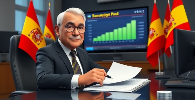 Imagen de un hombre de mediana edad con traje, sentado en un escritorio con papeles y un bolígrafo, rodeado de banderas españolas y símbolos financieros, con una expresión de determinación. Al fondo, una pantalla con gráficos de inversión y un titular que dice 