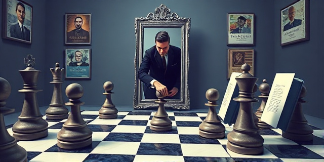 Una ilustración conceptual de estilo editorial satírico. Se ve un tablero de ajedrez donde las piezas son sellos oficiales y expedientes judiciales. Un hombre con traje intenta mover una pieza mientras se mira en un espejo que refleja una imagen contradictoria. Colores sobrios con contrastes fuertes, atmósfera de despacho gubernamental surrealista.