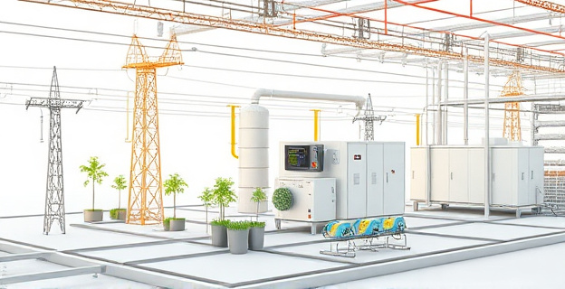 Una representación visual de un sistema eléctrico vulnerable con elementos de energías renovables y tecnologías de almacenamiento en un entorno industrial