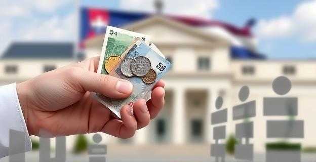 Una mano sosteniendo monedas y billetes, con el fondo desenfocado de un edificio gubernamental esloveno y la bandera de Eslovenia ondeando, simbolizando la protección constitucional del efectivo. En contraste, se observan siluetas abstractas de terminales de pago digital y tarjetas de crédito.