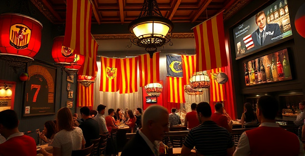 Una imagen de un bar en Barcelona con una fachada colorida y un ambiente bullicioso, rodeado de pancartas independentistas y personas con pancartas que dicen 
