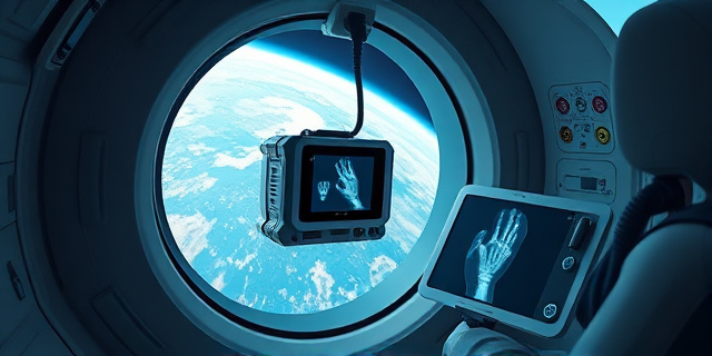 Una ilustración conceptual y satírica que muestra un pequeño dispositivo de rayos X portátil flotando en la cabina de una nave espacial futurista. A través de la ventana se ve la curvatura de la Tierra. Al lado del dispositivo, una tablet muestra la imagen digital de una mano humana. Estilo artístico digital, limpio, con iluminación fría de neón y un toque de ironía visual al contrastar la alta tecnología con un entorno rural terrestre reflejado en un pequeño espejo.