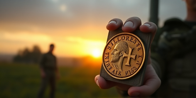 Una escena al atardecer en un campo abierto de Norfolk. En primer plano, un metal detectorista con ropa de campo, sujeta una pequeña caja metálica que contiene una moneda de oro de estilo medieval con un agujero central. La moneda muestra un hombre barbado con un símbolo de cruz, rodeada de letras latinas. El fondo muestra árboles y colinas suaves, con un cielo grisáceo que sugiere una atmósfera histórica y misteriosa.